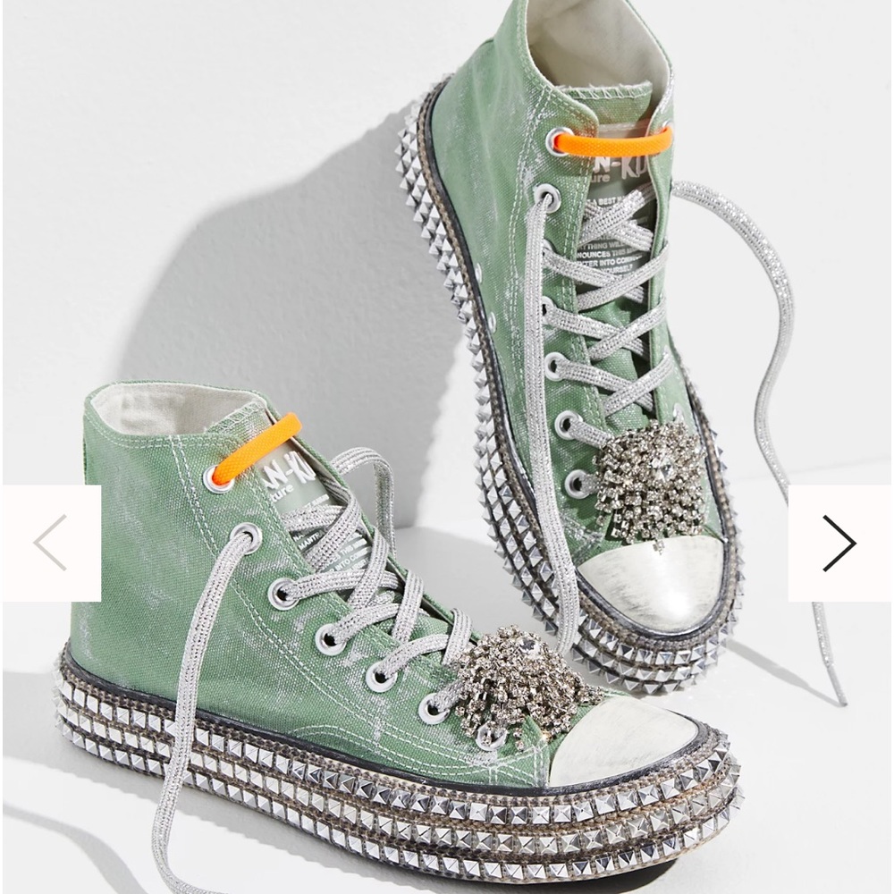 EUC Nan-Ku Free People Cruise Studded Hi Top Sneakers size 10 aloe green